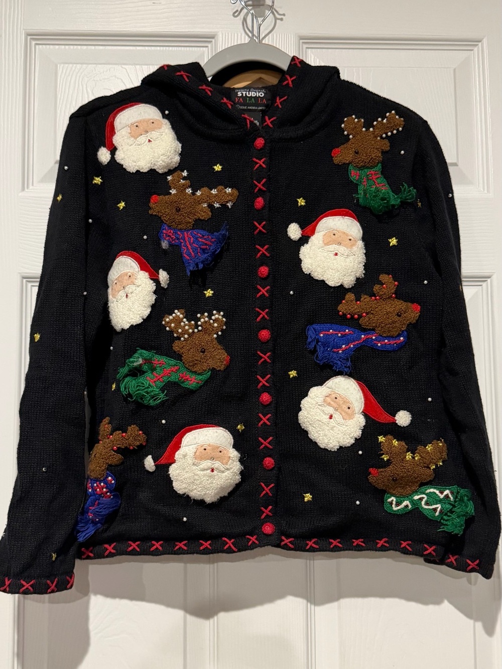 Designers Originals Black Holiday Cardigan with Santa & Reindeer Appliqués